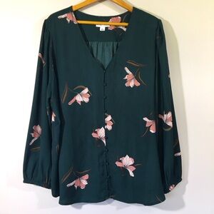 Ava & Viv Floral V Neck Button Up Peasant Top